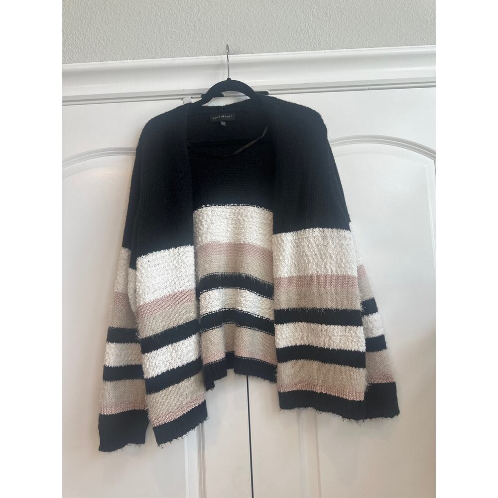 Lane Bryant Black, White, Tan, and Light Pink Open Front Knitted Cardigan - Picture 2 of 7